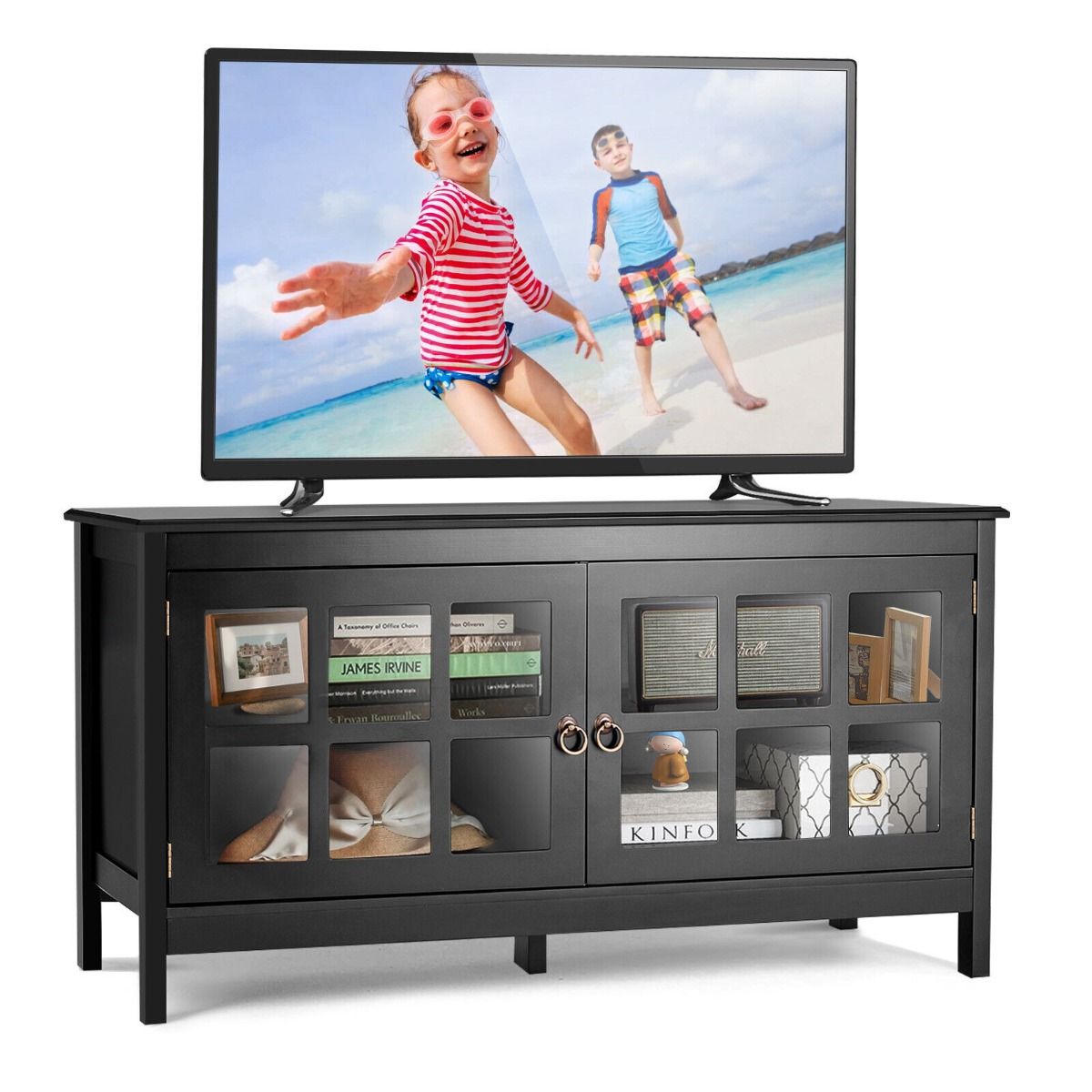 Modern Wooden TV Stand with Tempered Glass Doors for TVs up to 50inch